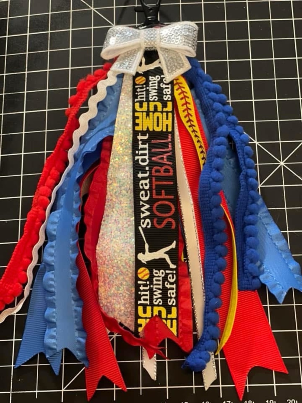 Softball Ribbon Tassel Bat Bag Keychain - Pick a Red, Blue, or White top bow!
